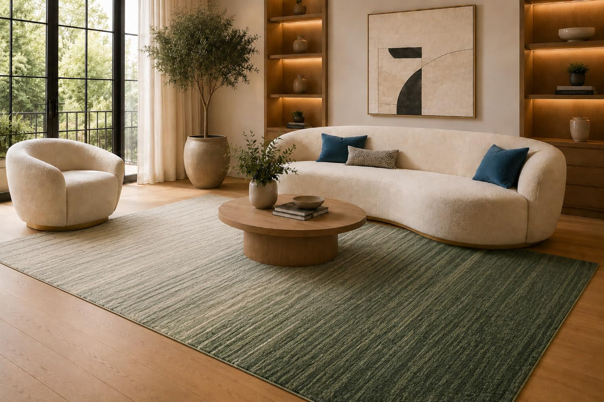 ICE ARMOR 6'7" x 9'10" Green and Cream Ombre Stripe Area Rug for Living Room, Soft Low Pile Carpet with Non-Slip Silicone Backing, Floor Decor for Bedroom, Dining Area and Home Office