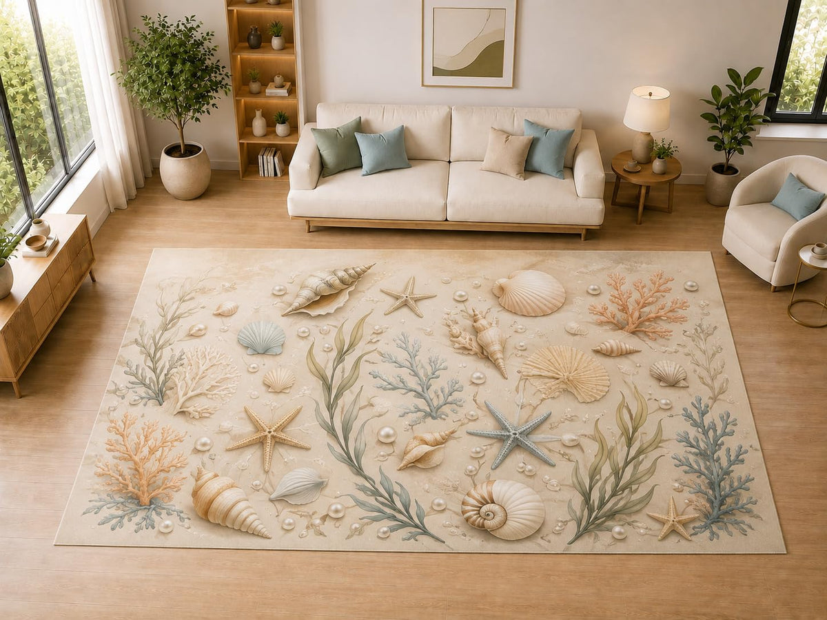 ICE ARMOR "Ultra Light Weight Large 6'7" x 9'10" Seashell Coral, Living Room, Bedroom, Dining Room, Office, Family Room, Soft Low Pile Indoor Rug, Non-Slip Silicone Backing, Beige