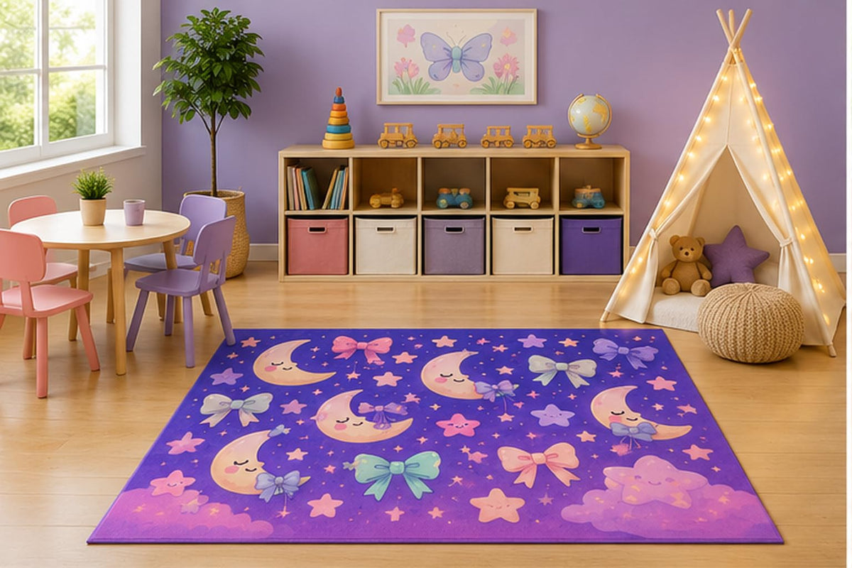 ICE ARMOR 5' x 7' Pastel Moon and Bows Kids Area Rug, Cute Crescent Moon Stars Ribbon Kawaii Cartoon Playroom Nursery Bedroom Decor, Non-Slip Silicone Backing Low Pile