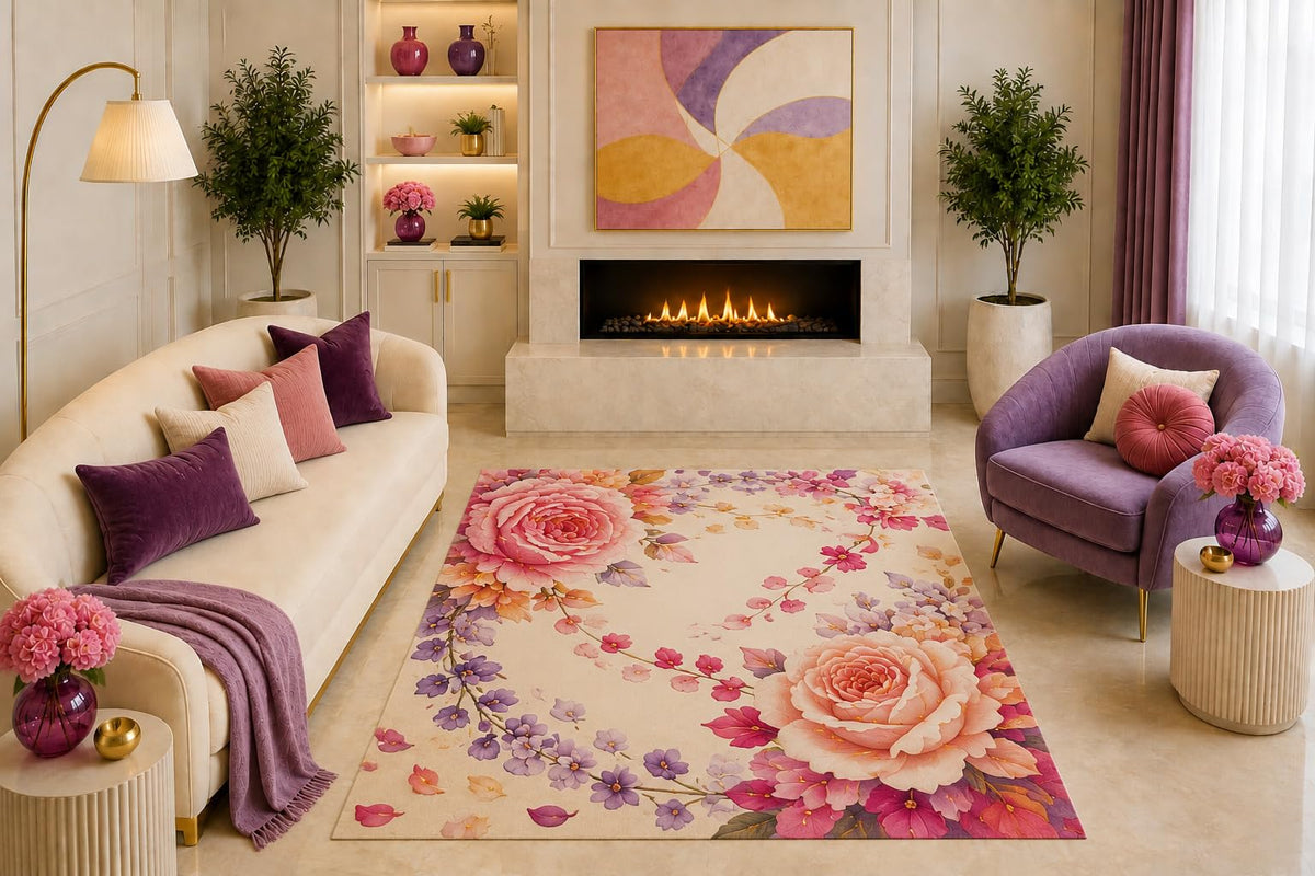 ICE ARMOR "Ultra Light Weight 5' x 7' Rose Blossom Area Rug Romantic Botanical Floral Art Pink Purple Peach for Living Room Bedroom Nursery Non-Slip Silicone Backing Low Pile