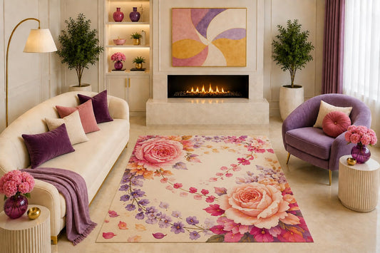 ICE ARMOR "Ultra Light Weight 5' x 7' Rose Blossom Area Rug Romantic Botanical Floral Art Pink Purple Peach for Living Room Bedroom Nursery Non-Slip Silicone Backing Low Pile