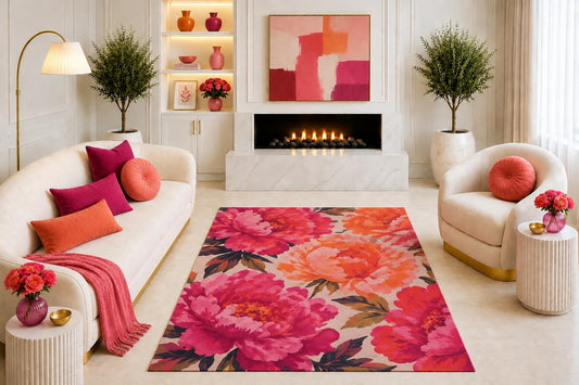 ICE ARMOR "Ultra Light Weight 5' x 7' Pink Orange Peony Floral Area Rug, Colorful Botanical Flower Design for Living Room Bedroom Dining Room, Non-Slip Silicone Backing Low Pile