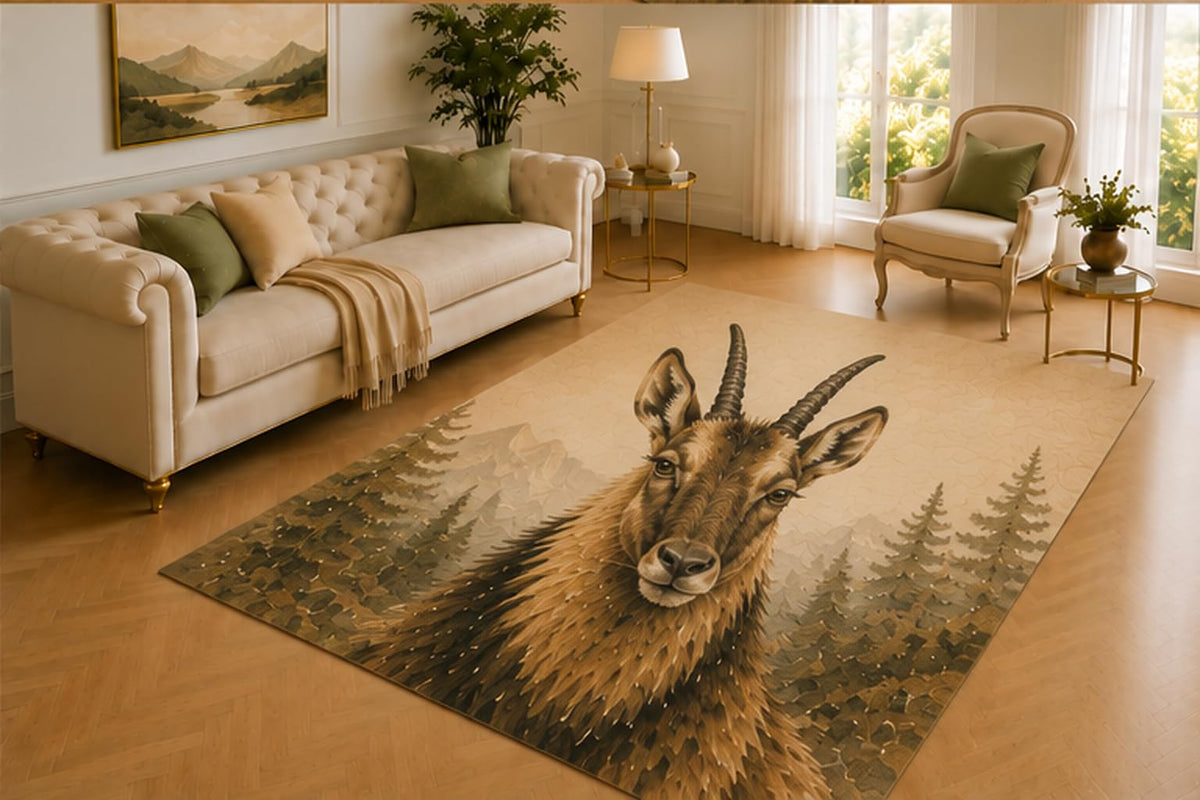 ICE ARMOR 5' x 7' Himalayan Serow Rug, Shaggy Mountain Antelope with Pine Forest Setting, Smooth Printed Floor Cover for Bedroom, Office, Cabin and Rustic Decor