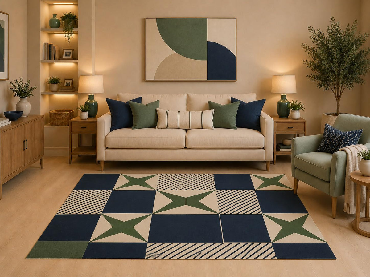 ICE ARMOR "Ultra Light Weight 5' x 7' Modern Geometric Area Rug Navy Blue Olive Green Cream X Pattern Stripes for Living Room Bedroom Dining Room Office Non-Slip Silicone Backing Low Pile
