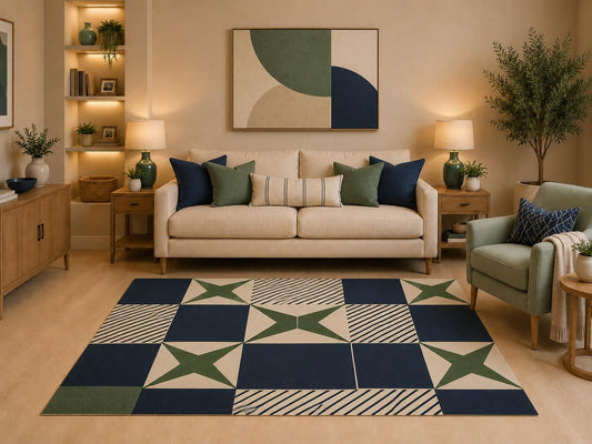 ICE ARMOR "Ultra Light Weight 5' x 7' Modern Geometric Area Rug Navy Blue Olive Green Cream X Pattern Stripes for Living Room Bedroom Dining Room Office Non-Slip Silicone Backing Low Pile