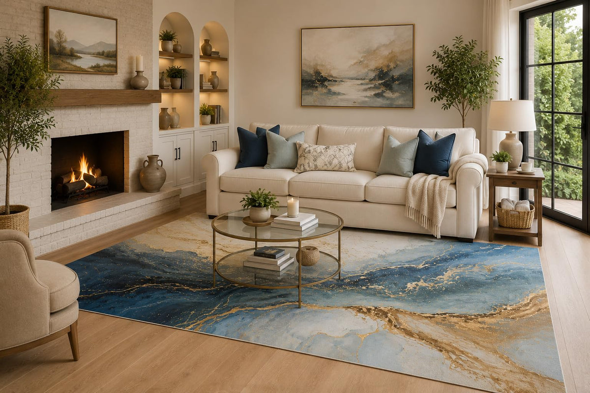 ICE ARMOR 6'7" x 9'10" Navy Blue, Sky Blue and Cream Marble Tide Area Rug for Living Room, Soft Low Pile Carpet with Non-Slip Backing for Bedroom, Dining Room and Office