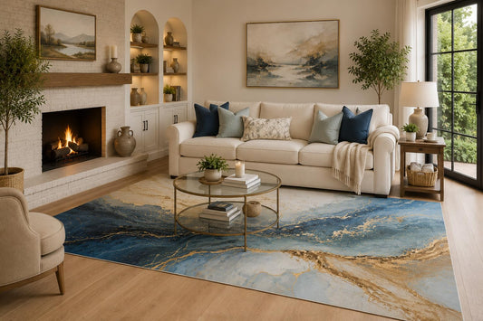 ICE ARMOR 6'7" x 9'10" Navy Blue, Sky Blue and Cream Marble Tide Area Rug for Living Room, Soft Low Pile Carpet with Non-Slip Backing for Bedroom, Dining Room and Office