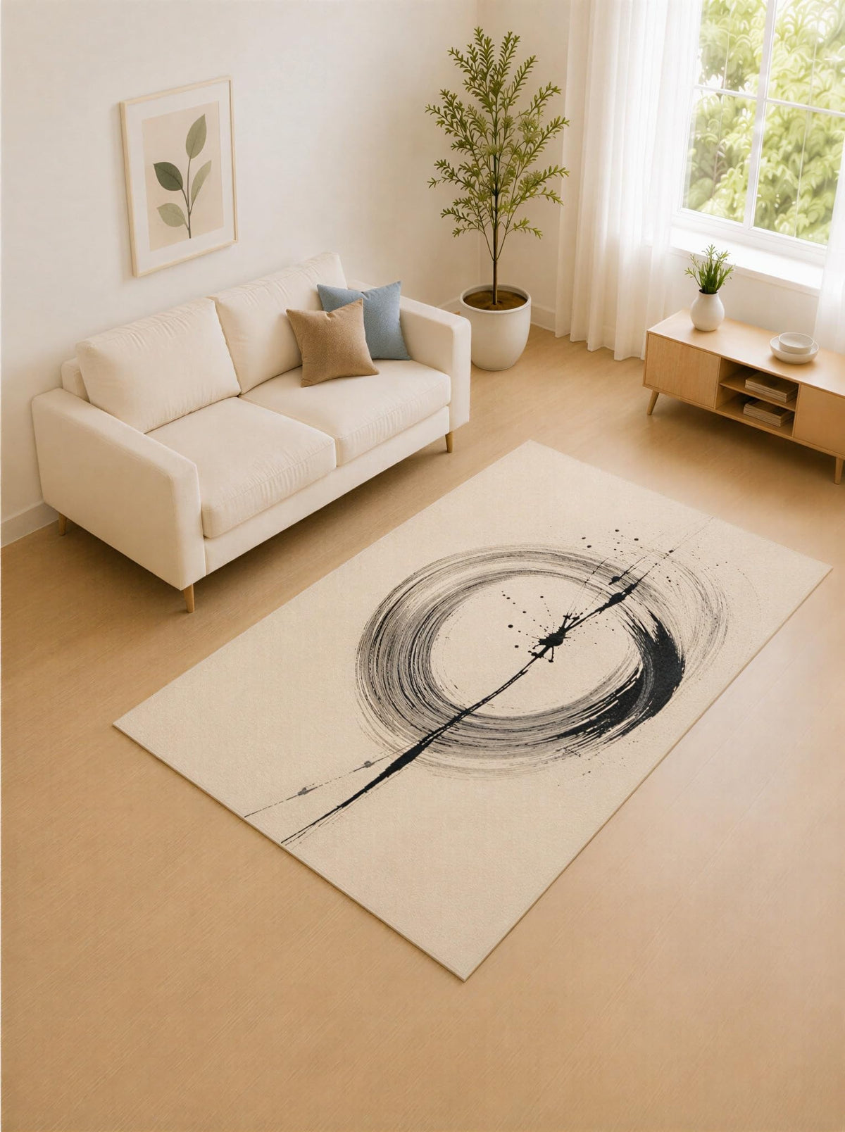 ICE ARMOR 5' x 7' Charcoal Gray and Beige Ink Circle Area Rug for Living Room, Soft Low Pile Carpet with Non-Slip Silicone Backing, Decor for Bedroom and Home Office