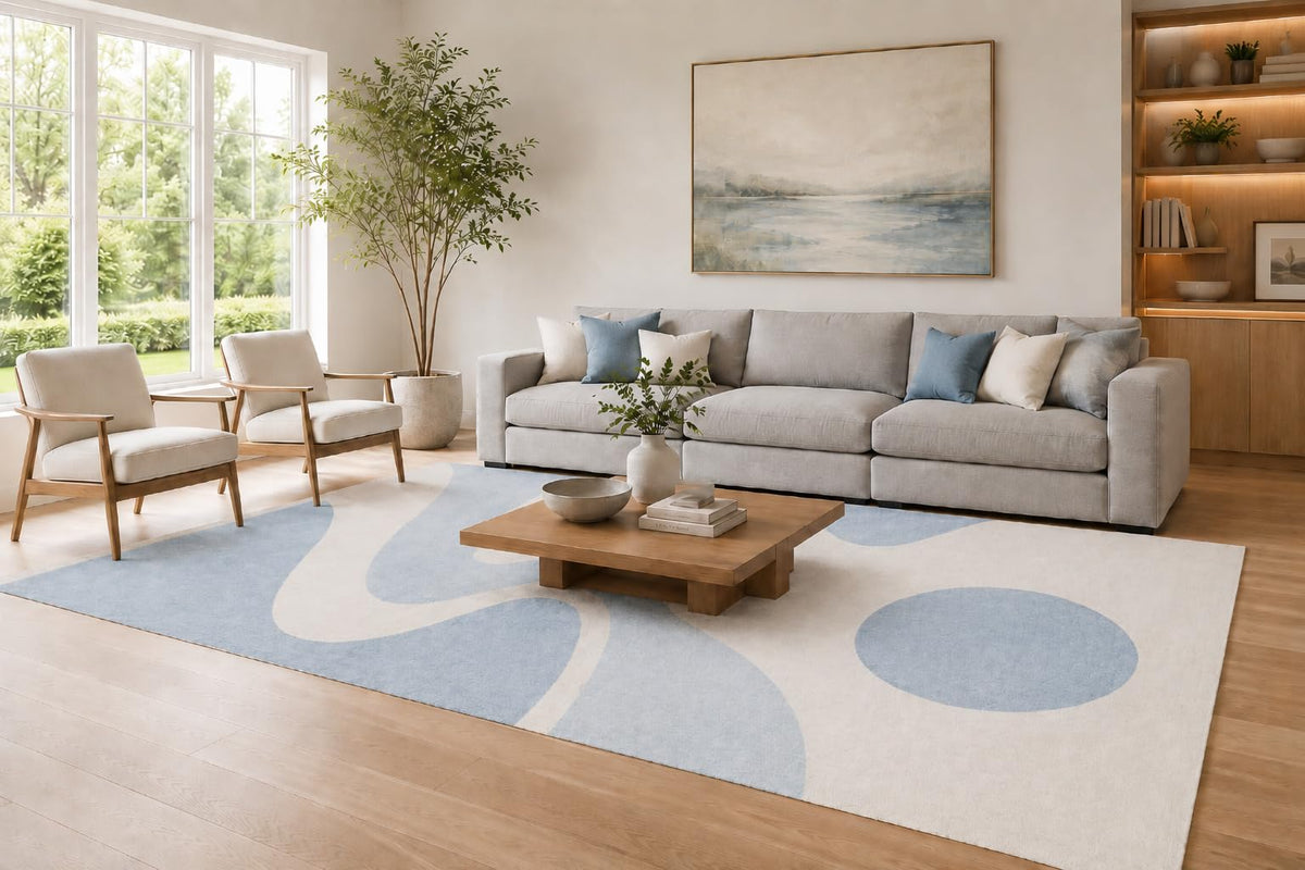ICE ARMOR Large 6'7" x 9'10" Sky Blue and White Modern Abstract Shapes Area Rug for Living Room, Soft Low Pile Carpet with Non-Slip Silicone Backing, Decor for Bedroom and Home Office