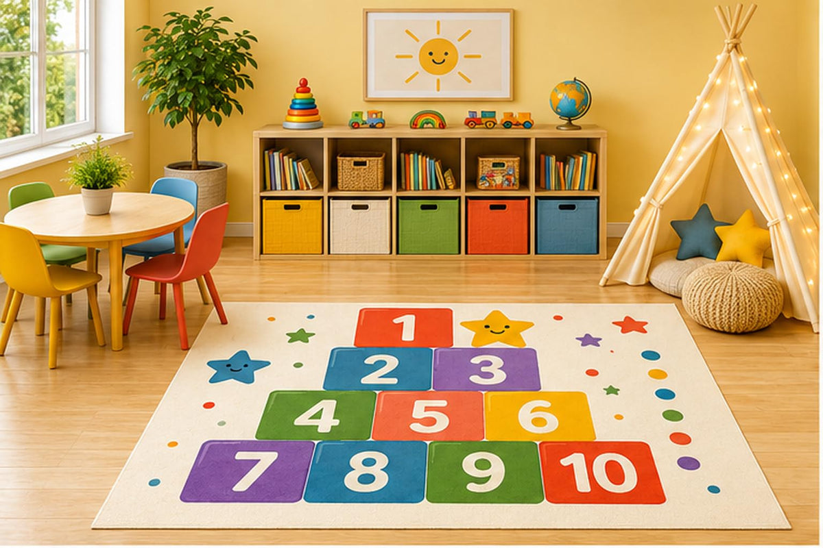 ICE ARMOR 5' x 7' Hopscotch Numbers Area Rug, Educational Counting 1-10 Learning Play Mat for Preschool Kids Bedroom Nursery Classroom Playroom, Non-Slip Silicone Backing Low Pile