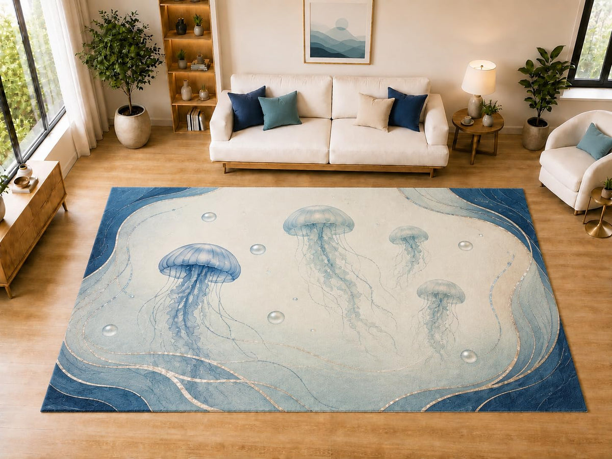 ICE ARMOR "Ultra Light Weight Large 6'7" x 9'10" Jellyfish Waves Area Rug for Dining, Living Room, Bedroom, Soft Low Pile Indoor Rug with Non-Slip Silicone Backing, Blue Ivory