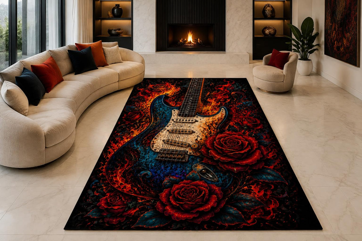 ICE ARMOR "Ultra Lightweight Large 6'7" x 9'10" Electric Guitar Roses Area Rug for Living Room, Bedroom and Home Office, Soft Low Pile Carpet with Non-Slip Silicone Backing, Black and Red