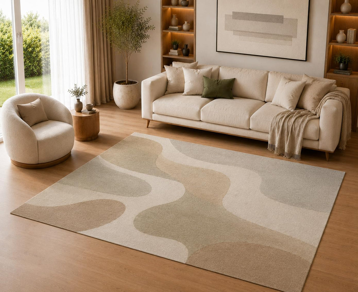 ICE ARMOR 5' x 7' Modern Abstract Neutral Area Rug Soft Low Pile Indoor Rug with Non-Slip Silicone Backing Contemporary Organic Shapes Carpet for Living Room Bedroom Dining Room Office Beige Taupe