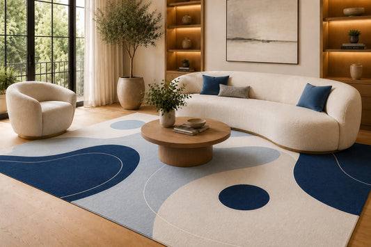 ICE ARMOR 6'7" x 9'10" Navy Blue and Light Blue Organic Shapes Area Rug for Living Room, Soft Low Pile Carpet with Non-Slip Silicone Backing, Floor Decor for Bedroom, Dining Area and Home Office