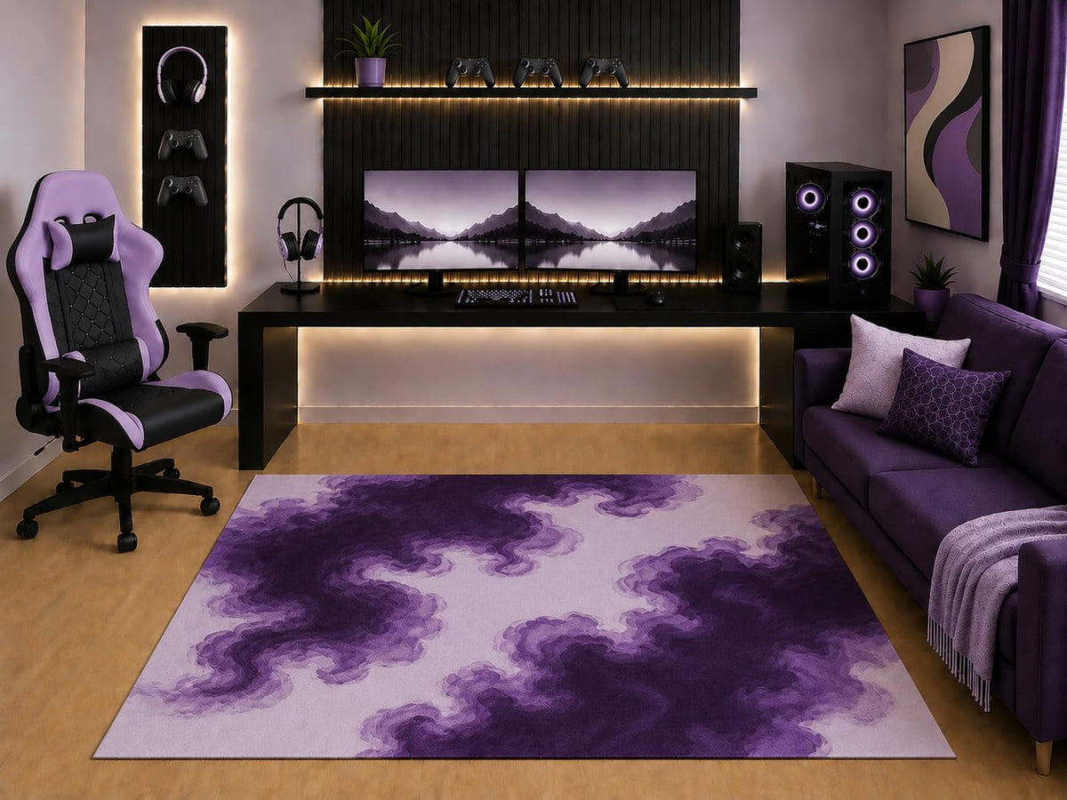 ICE ARMOR "Ultra Light Weight 5' x 7' Purple Lavender Cloud Area Rug Modern Abstract Ink Smoke Art for Gaming Room Bedroom Living Room Non-Slip Silicone Backing Low Pile