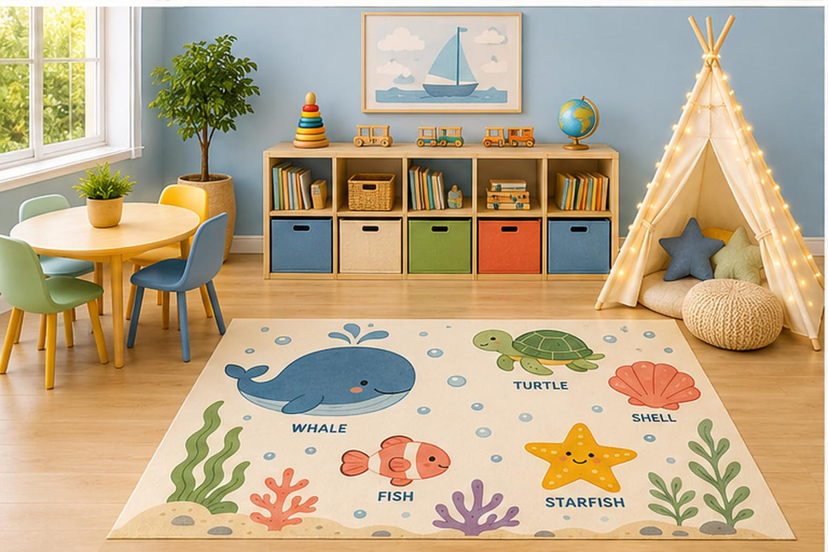 ICE ARMOR 5' x 7' Ocean Animals Area Rug, Educational Sea Life Learning Play Mat with Whale Turtle Fish Starfish and Shell for Kids Nursery Classroom, Non-Slip Silicone Backing Low Pile