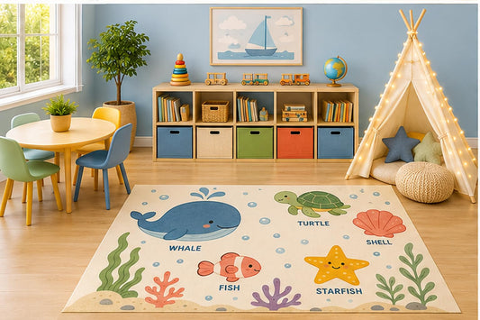 ICE ARMOR 5' x 7' Ocean Animals Area Rug, Educational Sea Life Learning Play Mat with Whale Turtle Fish Starfish and Shell for Kids Nursery Classroom, Non-Slip Silicone Backing Low Pile