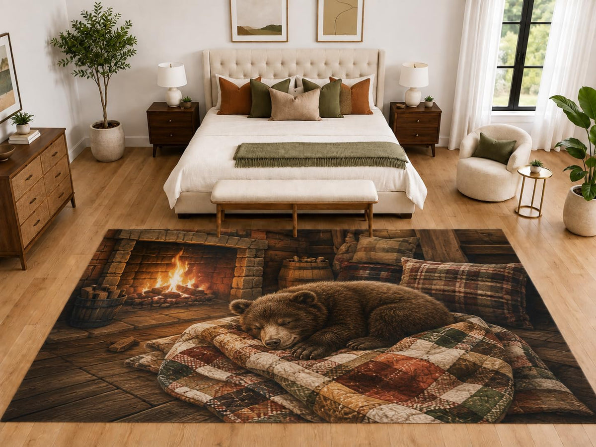 ICE ARMOR "Ultra Light Weight Large 6'7" x 9'10" Sleeping Bear Fireplace Rug, Soft Low Pile Indoor Rug, Non-Slip Silicone Backing for Bedroom Brown
