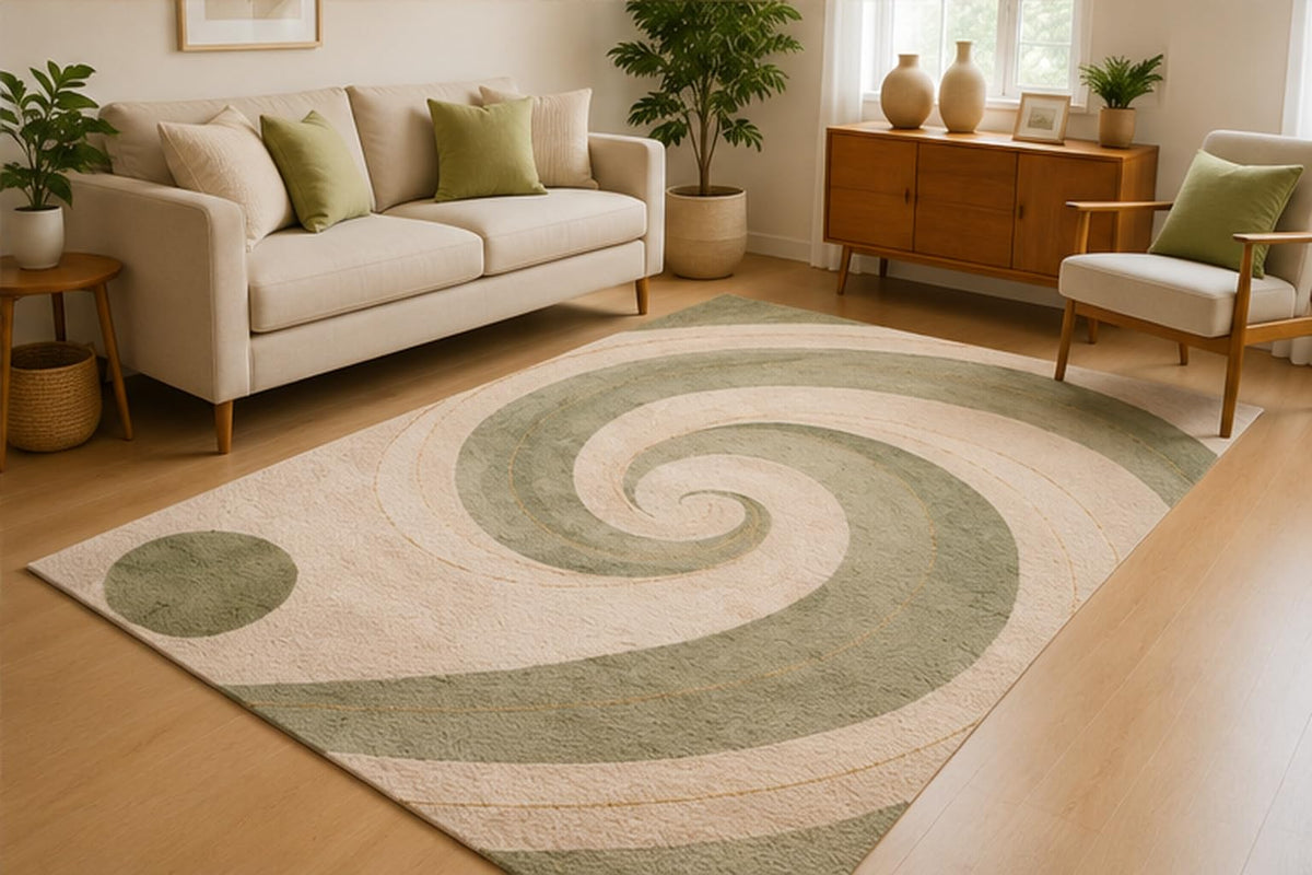 ICE ARMOR 5' x 7' Sage Spiral Abstract Area Rug for Living Room, Soft Low Pile Indoor Rug with Non-Slip Silicone Backing, Carpet for Bedroom, Dining Room, Office, Sage Green Beige