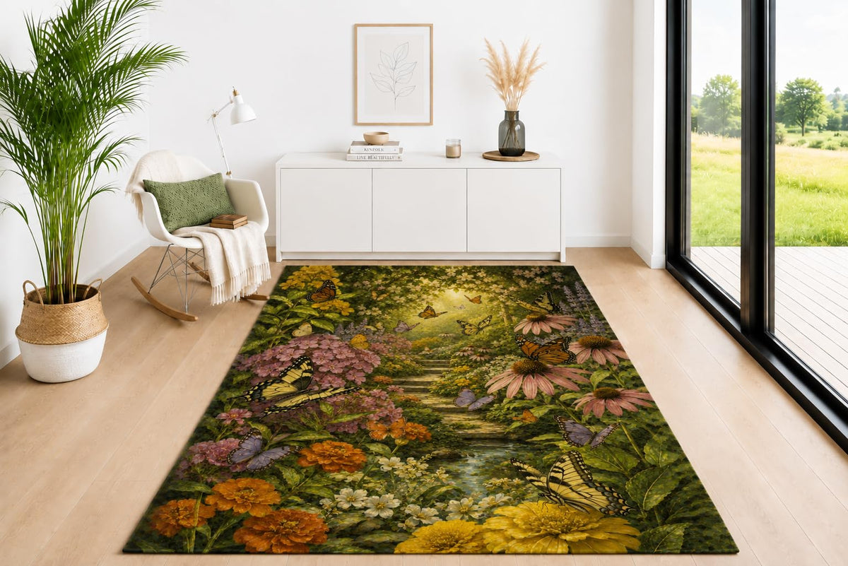 ICE ARMOR 5' x 7' Butterfly Garden Path Area Rug, Soft Low Pile Indoor Carpet with Non-Slip Silicone Backing for Living Room, Bedroom, Dining Space, Office, Kids & Pets, Green