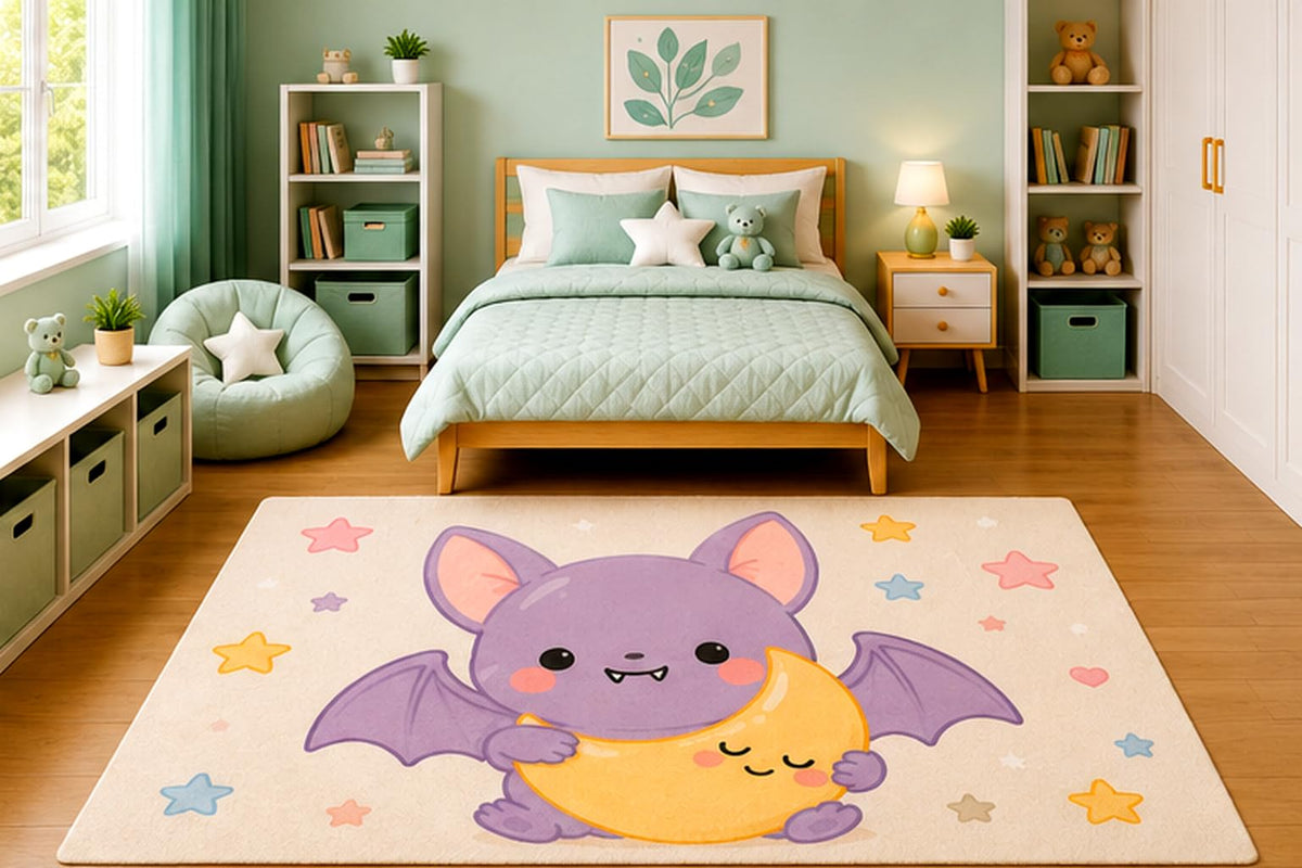 ICE ARMOR 5' x 7' Cute Baby Bat Hugging Sleeping Moon Area Rug for Kids Bedroom Nursery Playroom Scandinavian Minimalist Kawaii Celestial Decor Non-Slip Silicone Backing Low Pile
