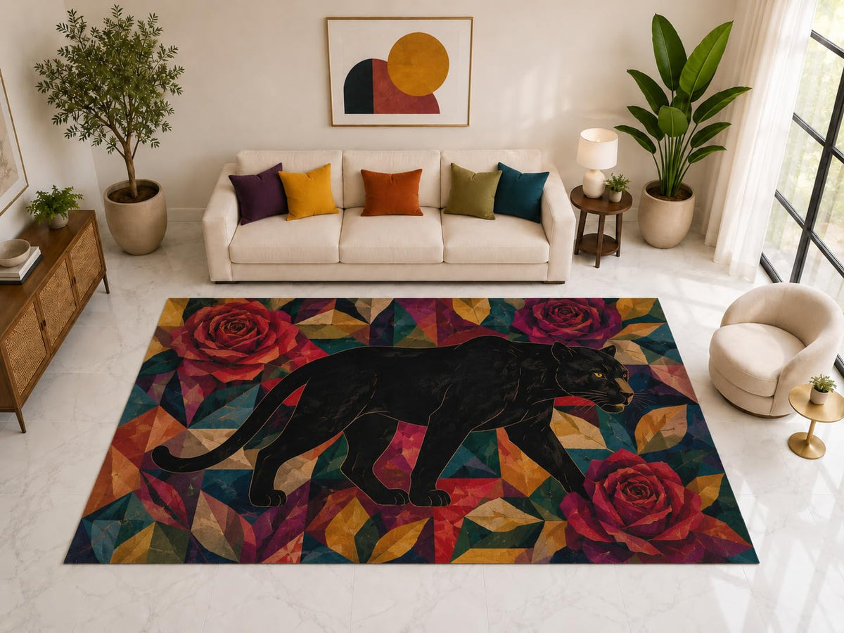 ICE ARMOR "Ultra Light Weight Large 6'7" x 9'10" Panther Rose Floral Rug, Soft Low Pile Indoor Rug, Non-Slip Silicone Backing for Bedroom Black