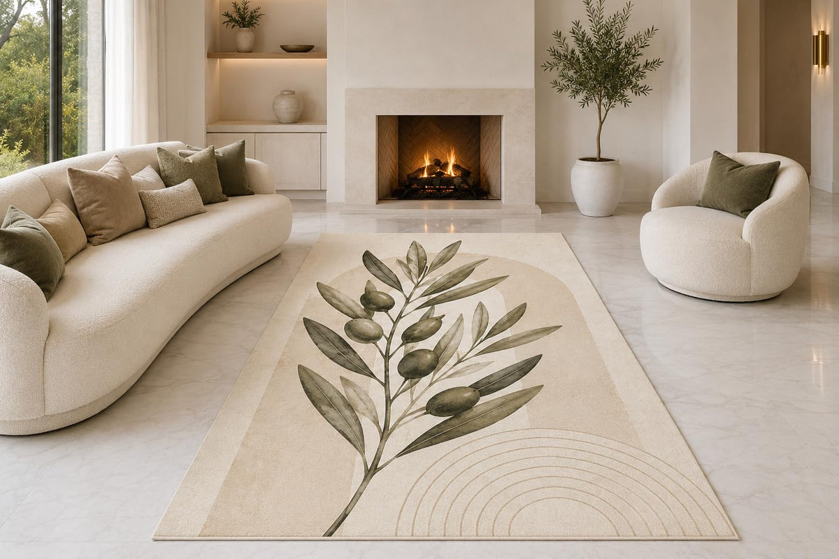 ICE ARMOR "Ultra Lightweight Large 6'7" x 9'10" Botanical Branch Arch Area Rug for Living Room, Bedroom and Home Office, Soft Low Pile Carpet with Non-Slip Silicone Backing, Olive and Cream