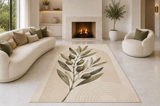 ICE ARMOR "Ultra Lightweight Large 6'7" x 9'10" Botanical Branch Arch Area Rug for Living Room, Bedroom and Home Office, Soft Low Pile Carpet with Non-Slip Silicone Backing, Olive and Cream
