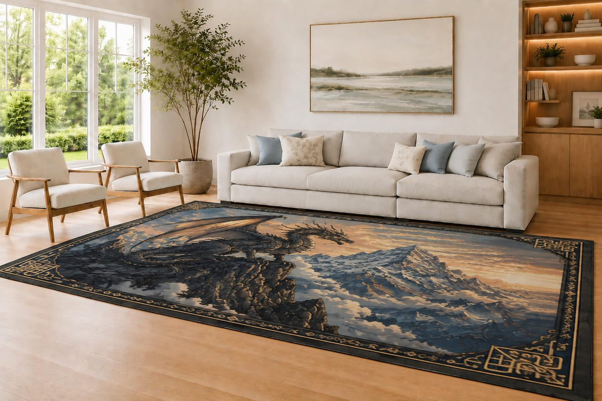 ICE ARMOR Large 6'7" x 9'10" Charcoal and Blue Mountain Dragon Area Rug for Living Room, Soft Low Pile Carpet with Non-Slip Silicone Backing, Decor for Bedroom and Home Office