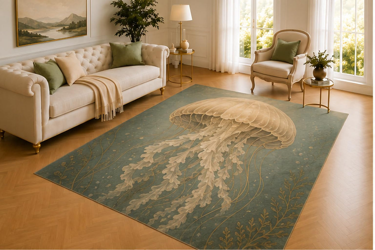 ICE ARMOR 5' x 7' Jellyfish Rug, Graceful Floating Sea Life in Soft Ocean Art, Smooth Printed Floor Cover for Living Room, Bedroom, Bathroom and Coastal Decor