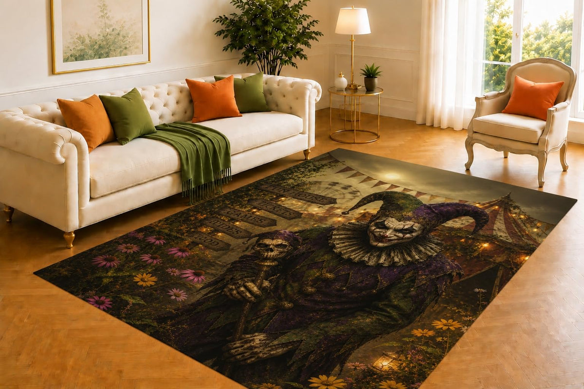 ICE ARMOR 5' x 7' Creepy Jester Rug, Playing Card and Harlequin Mask Artwork, Smooth Printed Floor Cover for Game Room, Bedroom, Lounge and Gothic Decor