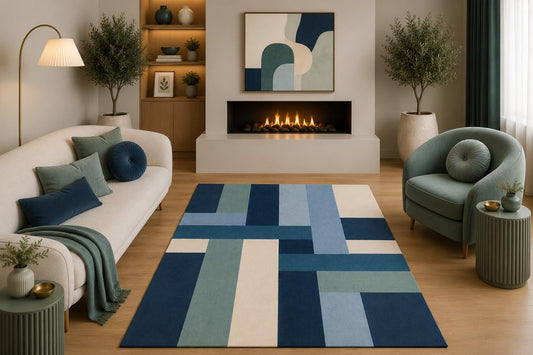 ICE ARMOR 5' x 7' Modern Geometric Area Rug Navy Blue Sage Light Blue Cream Woven Color Block Design for Living Room Bedroom Dining Room Non-Slip Silicone Backing Low Pile