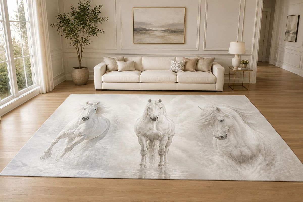 ICE ARMOR "Ultra Lightweight Large 6'7" x 9'10" Running Horse Sketches Area Rug for Living Room, Bedroom and Home Office, Soft Low Pile Carpet with Non-Slip Silicone Backing, White and Gray