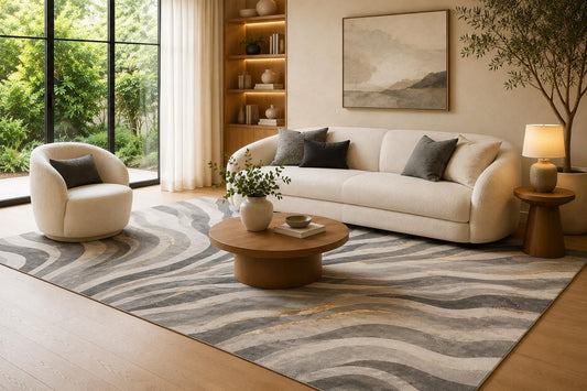ICE ARMOR 6'7" x 9'10" Gray and Cream Flowing Waves Area Rug Modern Abstract Curved Line Design, Soft Low Pile Carpet with Non-Slip Backing for Living Room, Bedroom, Dining Room and Office