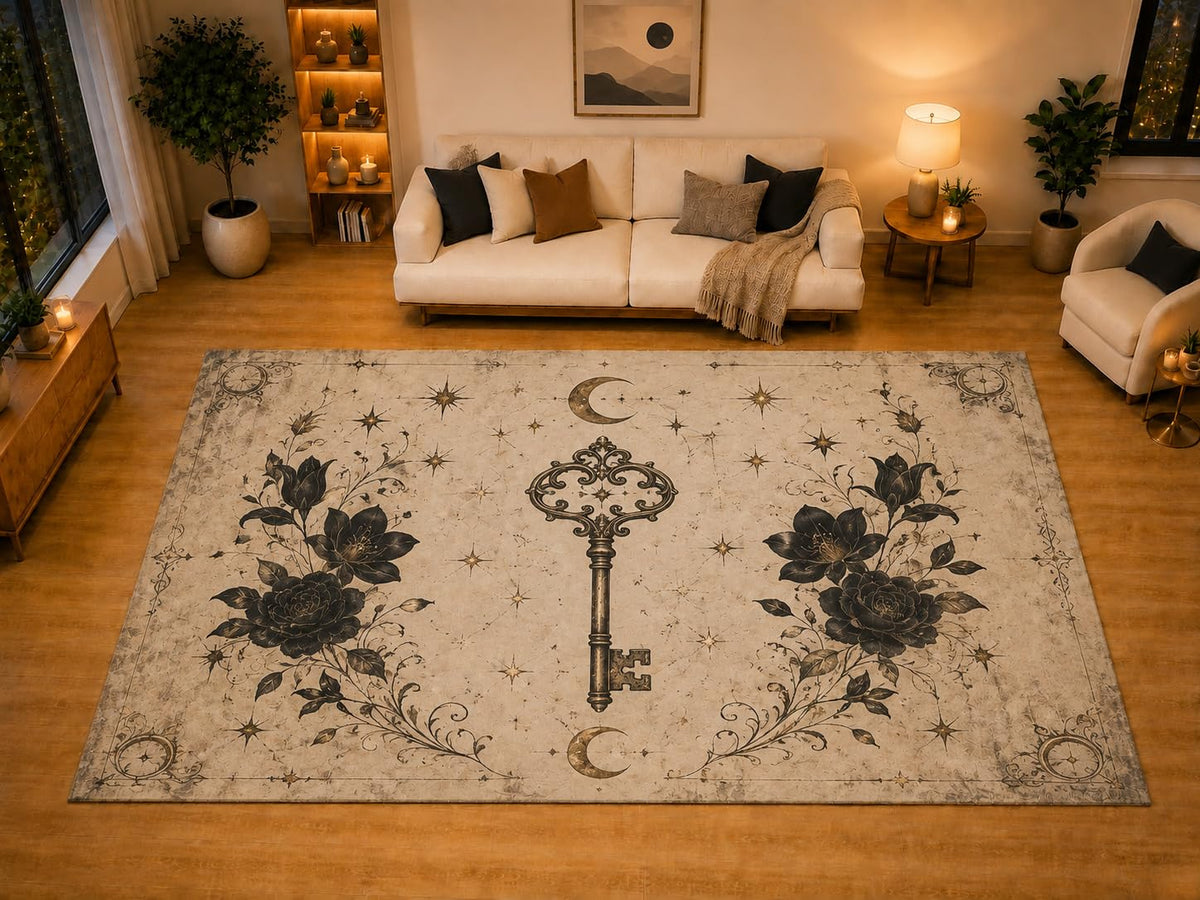ICE ARMOR "Ultra Light Weight Large 6'7" x 9'10" Antique Skeleton Key Black Rose Area Rug for Living Room Bedroom, Soft Low Pile Non-Slip Backing, Beige Black Moon Gothic Decor
