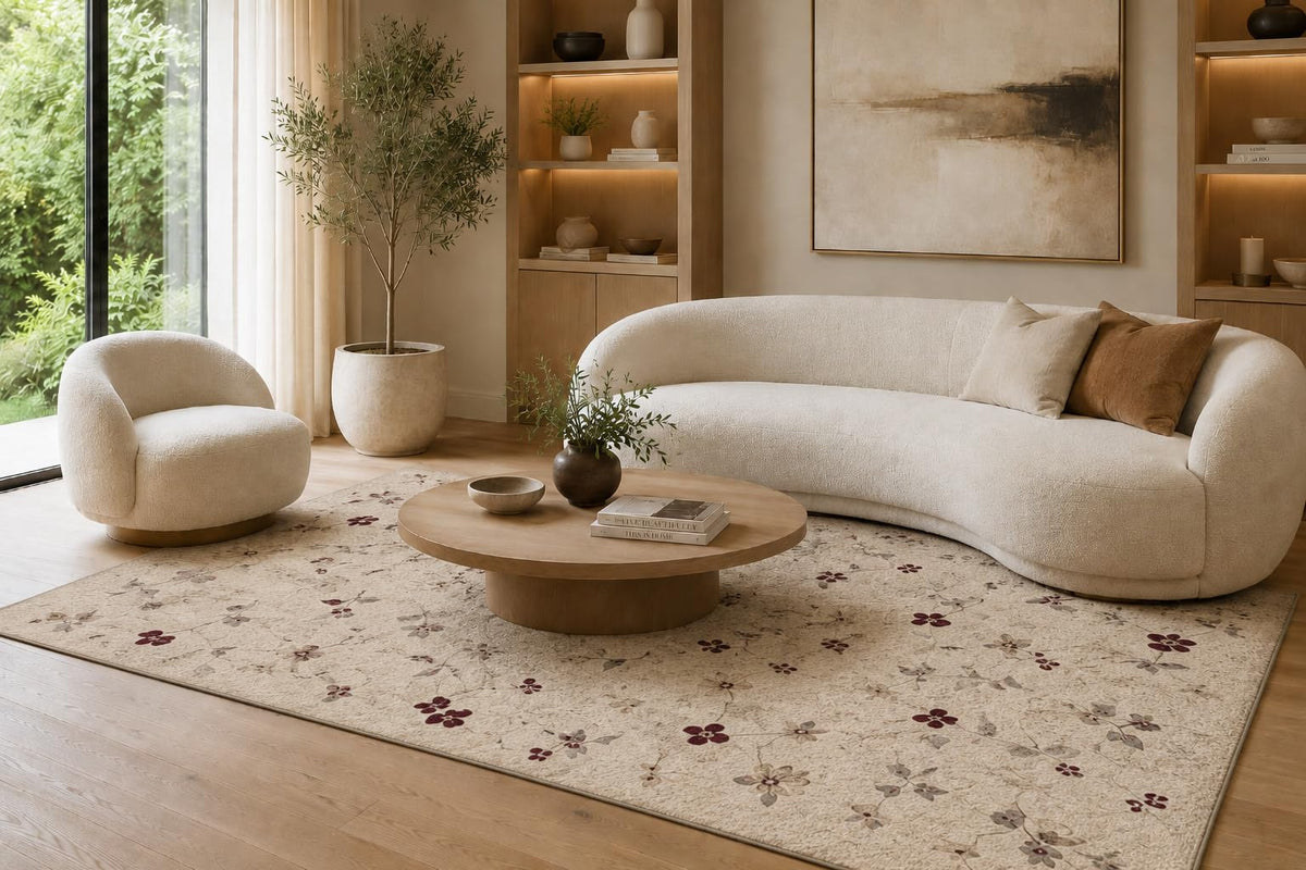 ICE ARMOR 6'7" x 9'10" Brown and Cream Scattered Blossoms Area Rug for Living Room, Soft Low Pile Carpet with Non-Slip Silicone Backing, Floor Decor for Bedroom, Dining Area and Home Office