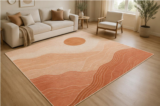 ICE ARMOR 5' x 7' Abstract Desert Wave Area Rug for Living Room, Soft Low Pile Indoor Rug with Non-Slip Silicone Backing, Contemporary Carpet for Bedroom, Office, Family Room, Terracotta Peach