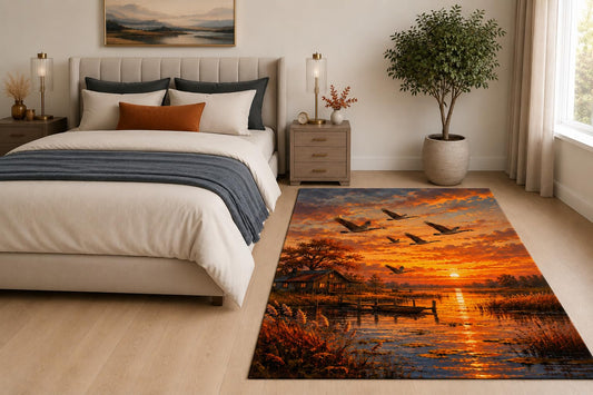 ICE ARMOR "Ultra Light Weight 5' x 7' Sunset Geese Cabin Area Rug for Living Room, Bedroom and Home Office, Soft Low Pile Carpet with Non-Slip Silicone Backing, Orange and Black