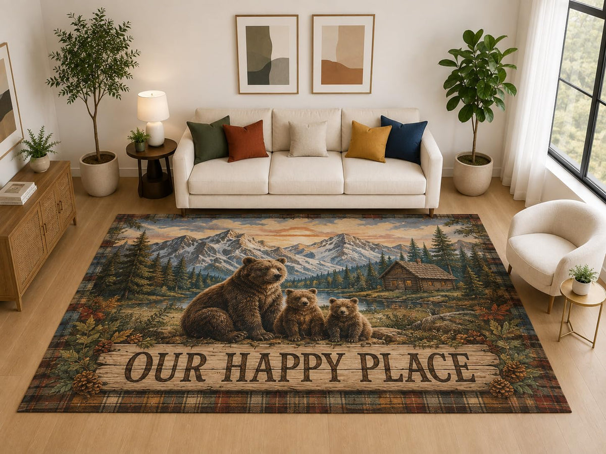 ICE ARMOR "Ultra Light Weight Large 6'7" x 9'10" Happy Place Bear Family Rug, Soft Low Pile Indoor Rug, Non-Slip Silicone Backing, Family Room Brown