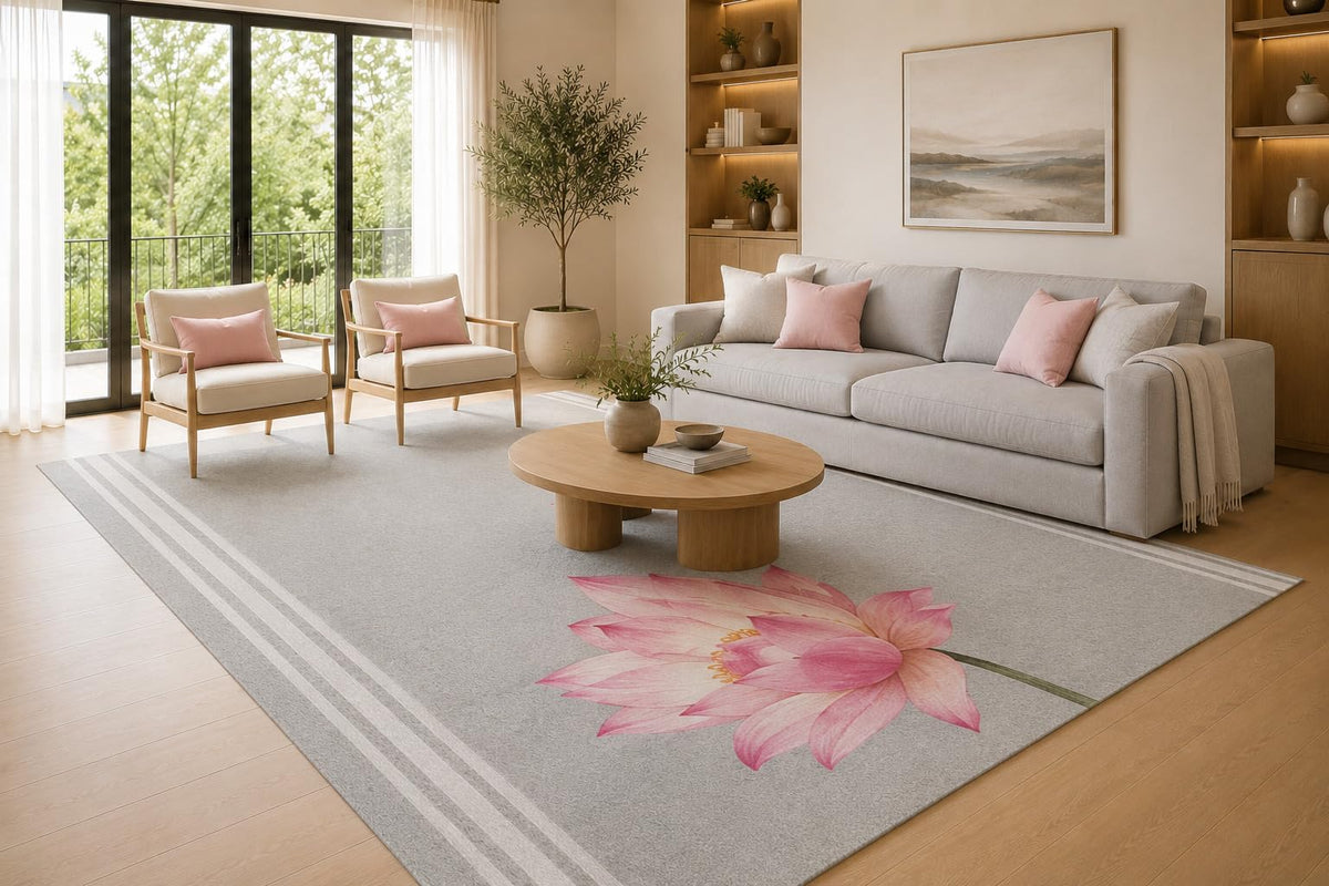 ICE ARMOR Large 6'7" x 9'10" Light Gray, Pink and White Lotus Flower Area Rug for Living Room, Soft Low Pile Carpet with Non-Slip Silicone Backing, Decor for Bedroom, Dining Area and Home Office