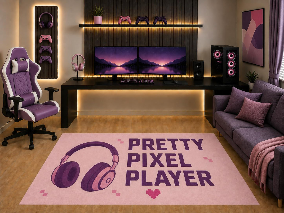 ICE ARMOR "Ultra Light Weight 5' x 7' Pretty Pixel Player Gaming Area Rug Pink Headphones Graphic for Girls Teen Bedroom Gaming Room Playroom Non-Slip Silicone Backing Low Pile
