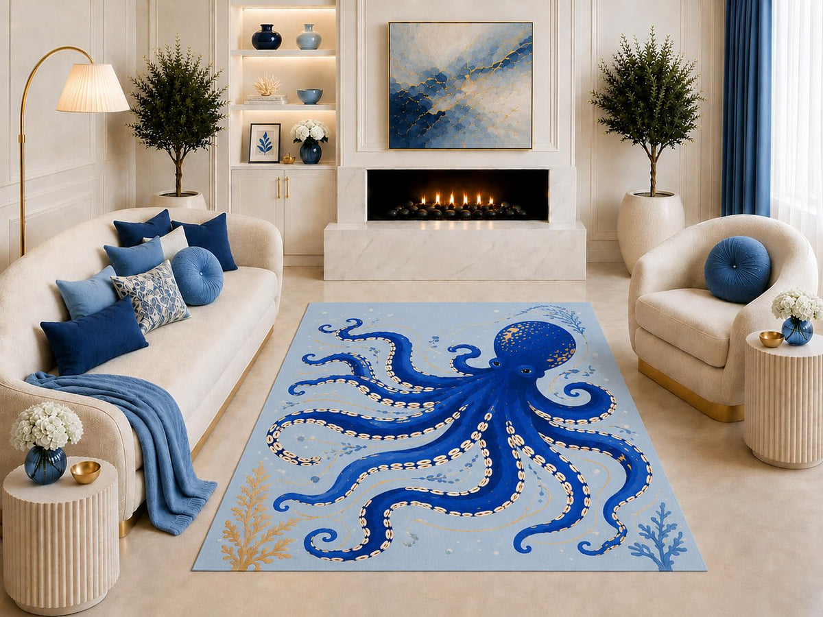 ICE ARMOR "Ultra Light Weight 5' x 7' Blue Octopus Area Rug, Coastal Ocean Sea Life Art with Coral Accents for Living Room Bedroom Beach House Decor, Non-Slip Silicone Backing Low Pile