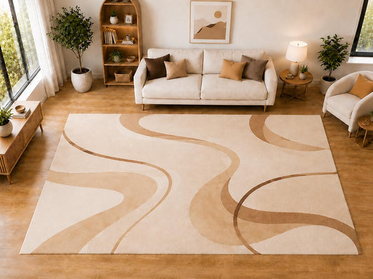 ICE ARMOR "Ultra Light Weight Large 6'7 x 9'10 Beige Flowing Curve Pattern Area Rug for Living Room Bedroom Dining Room Soft Low Pile Indoor Carpet Modern Minimalist Floor Decor