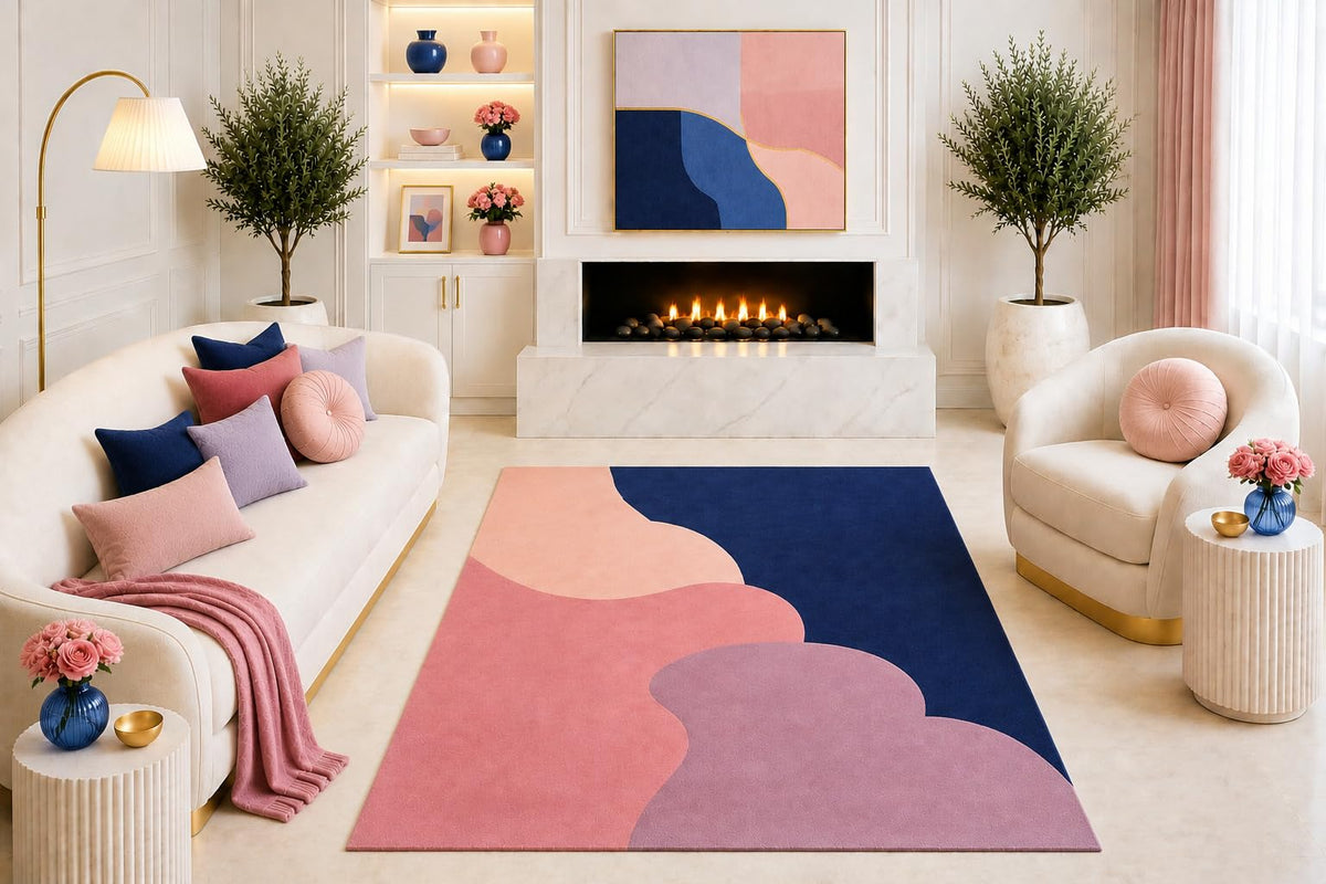 ICE ARMOR "Ultra Light Weight 5' x 7' Navy Blue Pink Abstract Area Rug, Modern Organic Geometric Design for Living Room Bedroom Dining Room, Non-Slip Silicone Backing Low Pile