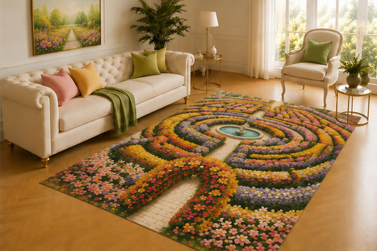 ICE ARMOR 5' x 7' Floral Maze Garden Rug, Colorful Curved Flower Beds Surrounding a Fountain, Enchanting Decor for Living Room, Bedroom, Sunroom or Office