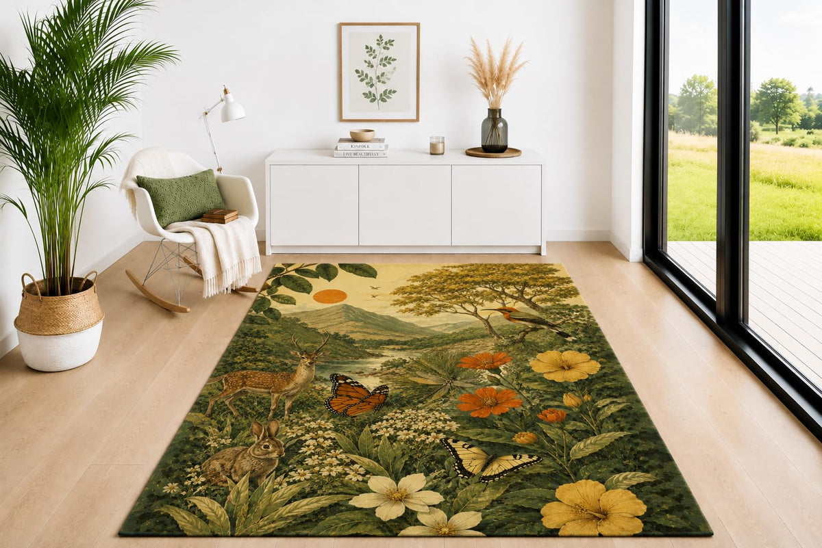 ICE ARMOR 5' x 7' Meadow Wildlife Area Rug, Soft Low Pile Indoor Carpet with Non-Slip Silicone Backing for Living Room, Bedroom, Dining Space, Office, Kids & Pets, Green