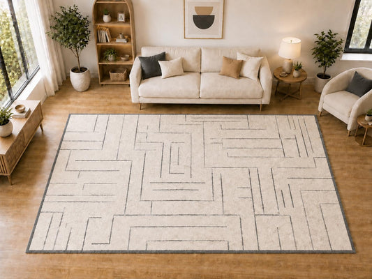 ICE ARMOR "Ultra Light Weight Large 6'7 x 9'10 Gray Maze Line Pattern Area Rug for Living Room Bedroom Dining Room Soft Low Pile Indoor Carpet Modern Minimalist Floor Decor