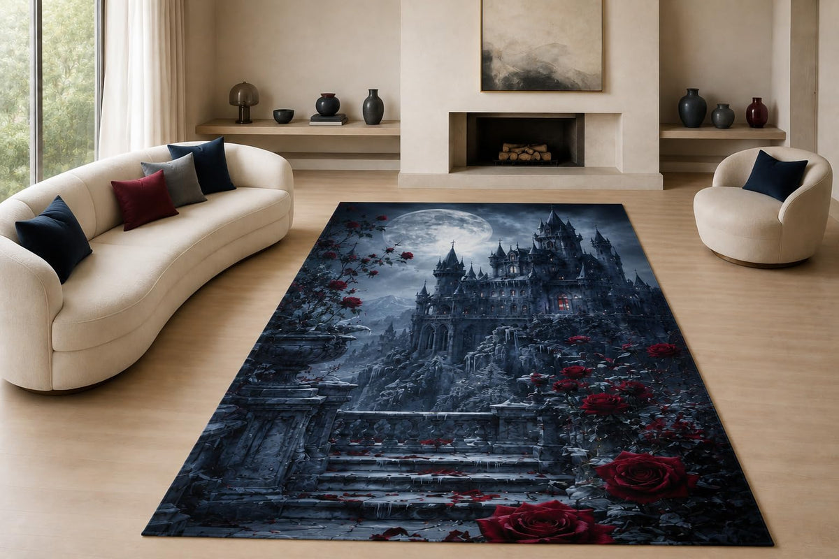 ICE ARMOR "Ultra Lightweight Large 6'7" x 9'10" Gothic Moon Castle Area Rug for Living Room, Bedroom and Home Office, Soft Low Pile Carpet with Non-Slip Silicone Backing, Black and Red