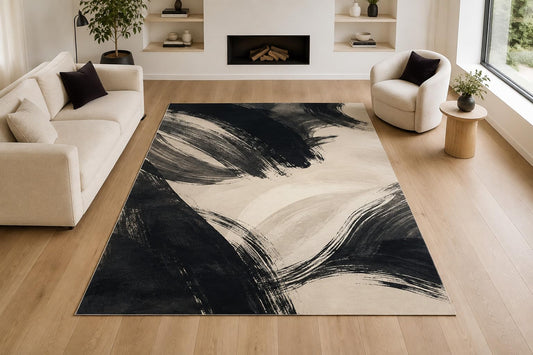 ICE ARMOR "Ultra Light Weight Large 6'7" x 9'10" Abstract Brushstroke Area Rug, Soft Low Pile Indoor Rug with Non-Slip Silicone Backing for Living Room, Black Ivory