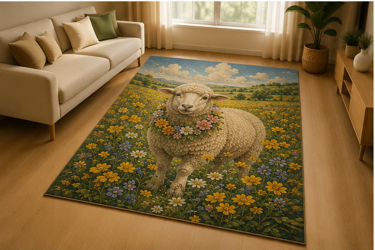 ICE ARMOR 5' x 7' Sheep Wildflower Meadow Area Rug for Living Room, Soft Low Pile Indoor Rug with Non-Slip Silicone Backing, Farm Animal Floral Decor for Bedroom, Nursery, Kids Room, Kids & Pets